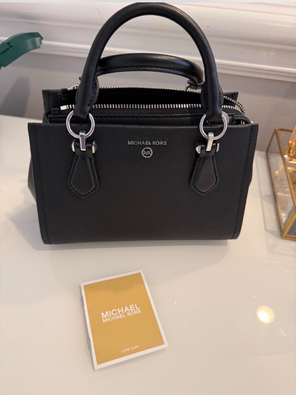 Michael Kors Black Saffiano Leather Mini Satchel with Silver Hardware